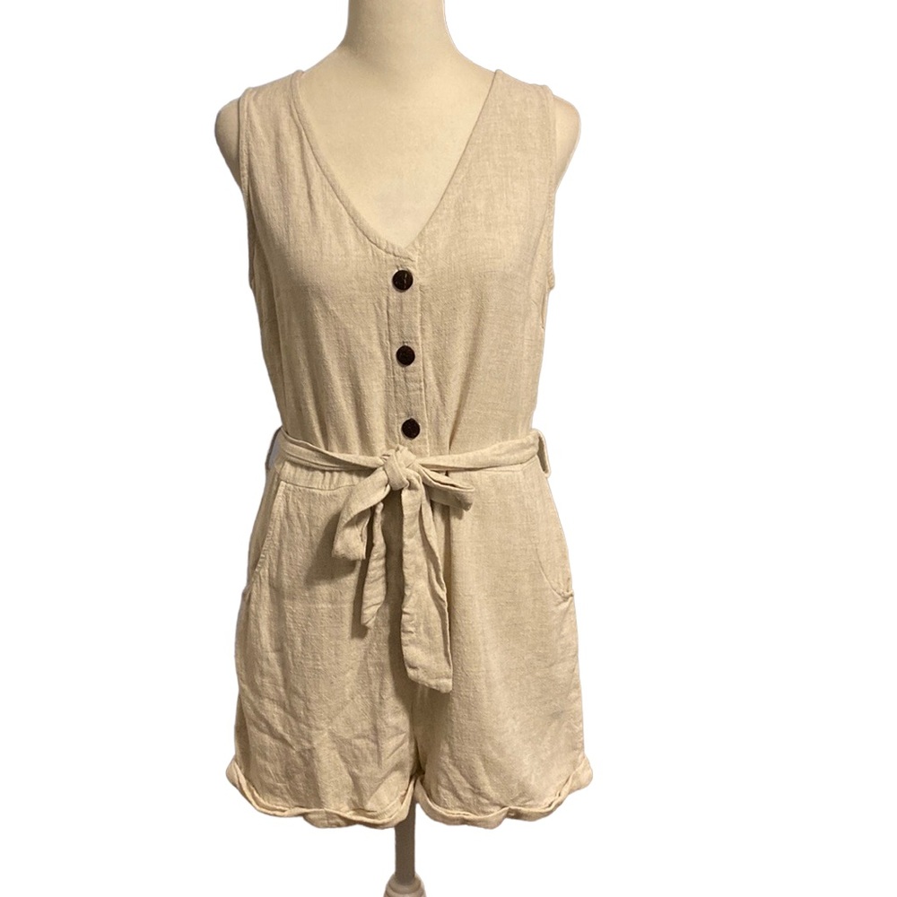 Sleeveless V-Neck Tie-Waist Romper in Beige